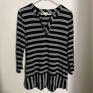 TALBOTS Classic V Neck Striped Blouse with Ruffle Black and White Women's Size L
